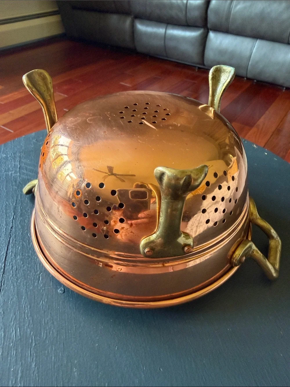 Vintage Copper Colander with Brass Handles and Feet